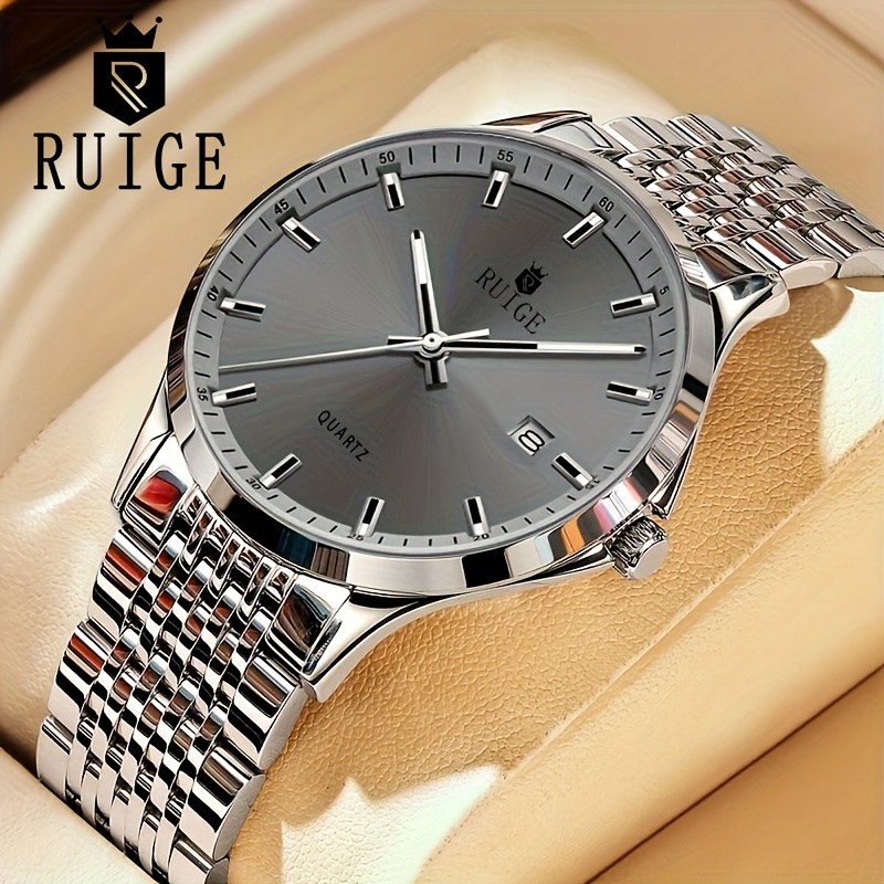 TEMU Ruige Men's Quartz Watch Stainless Steel Luxury Sports Men's Watch Calendar With Night Light Leisure Business Watch Back To School Supplies