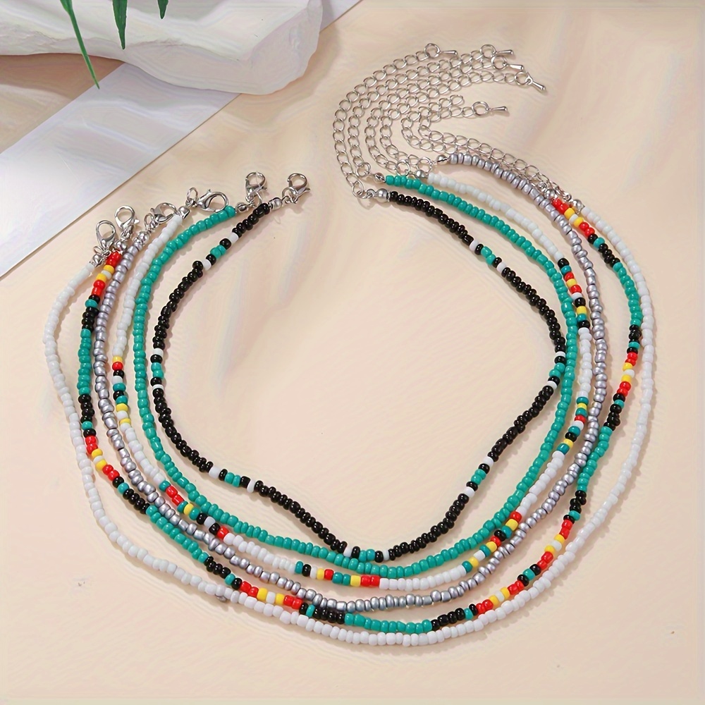 

6-piece Set Bohemian Multicolor Seed Bead Necklaces, Layered Strands Beaded Choker, Boho Style Jewelry For Women