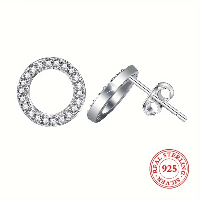 TEMU 1 Pair Sterling Silver 925 Simple Round Hollow Earrings With Synthetic Zirconia, Anti-allergy Ear Piercing Jewelry For Daily And Gift Occasions, Birthstone