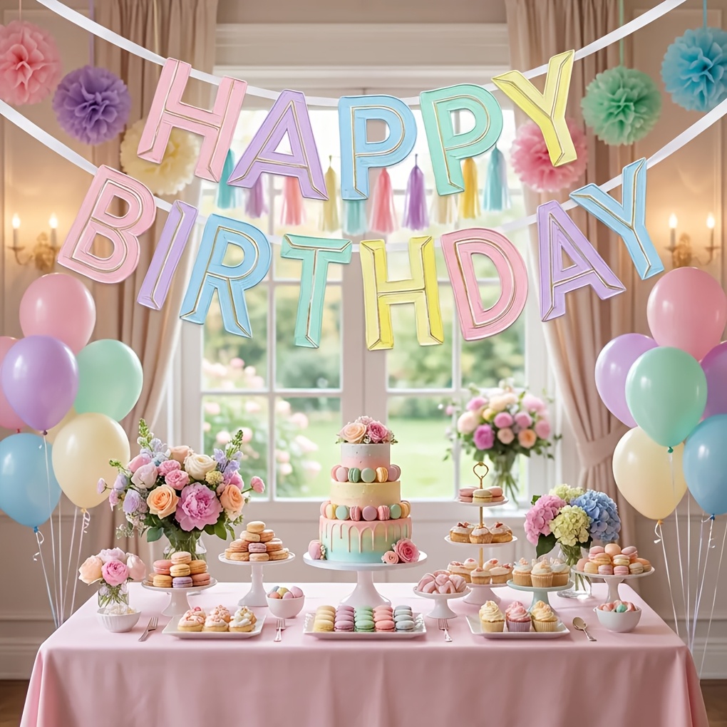 Happy Birthday Banner - Pastel Rainbow Macaron Colors Birthday Party Decorations, Birthday Or Babyshower Celebration Backdrop
