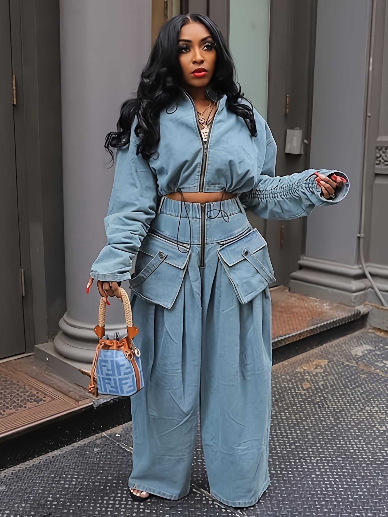 women' piece sets denim outfit ruched long sleeve zip - Temu