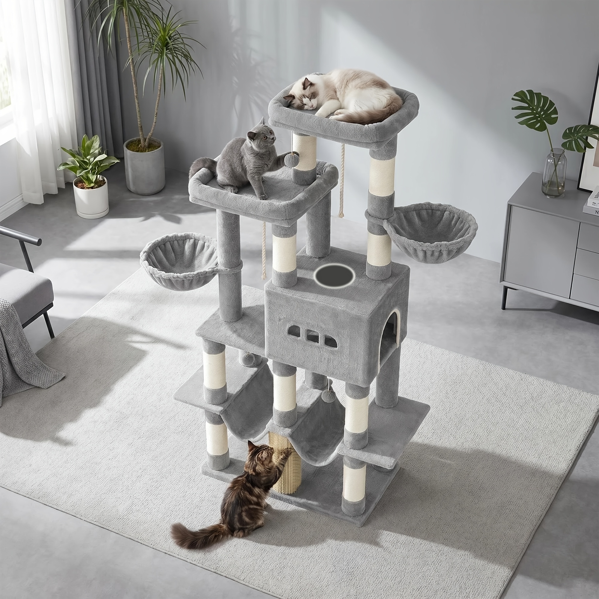 177cm Tall Large Cat Tree Suitable For Large & Multiple Cats - With 9 Sisal Pillars, Double Enclosed Caves, Suspended Hammocks, Wood - Tower For Climbing & Resting For Cats