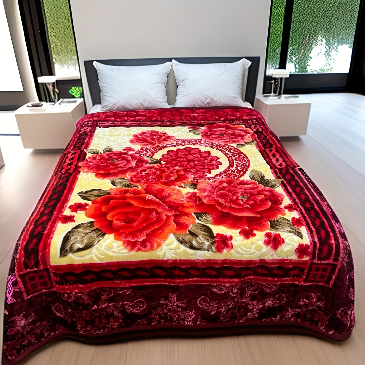 TEMU New Super Soft 2ply 2side Mink Style Burgundy Color Embossed Queen Size Blanket, Warm And Heavy, , No Fading No Shrink, Machine Washable, Size:75x87inch Weight:6.5lbs