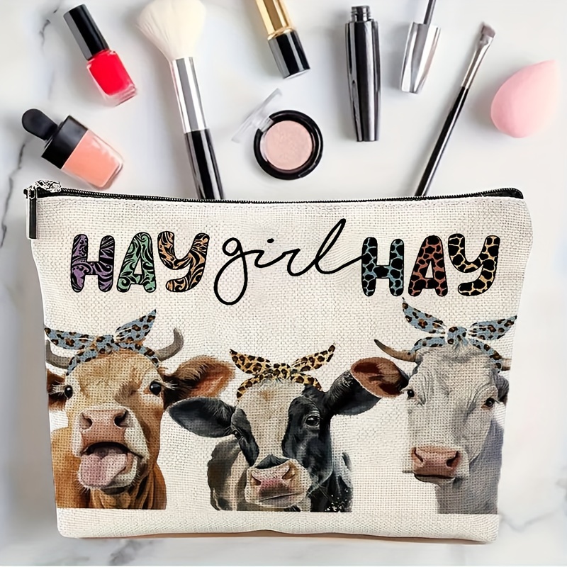 

Hay: Cow Print Makeup Pouch - Perfect Gift For Women, Friends, Daughters, Sisters, Aunts, And More - Zippered, Water-resistant, And Unfragranced