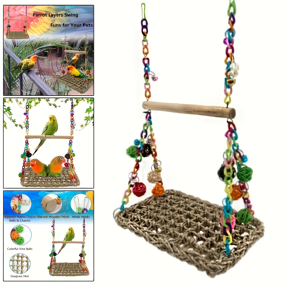 

Parrot With Chewing Balls & Bells - Easy-clean Acrylic Woven Perch Swing For Birds, Includes Hanging Rope & Cage Accessories