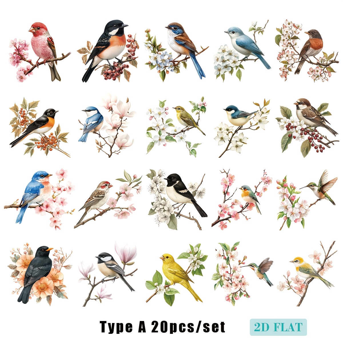 E-shop 20 Stück/Satz handgefertigte Vintage-Vogelserie 2D-hochwertige Aufkleber auf Ästen, geeignet für Scrapbooks, Tagebücher, DIY-Planer Dekoration,