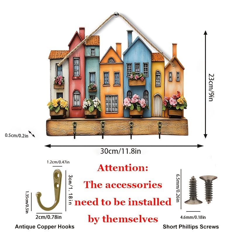 TEMU 1pc, 2d Flatwooden House Hook - With 4 Metal Hooks (11.8