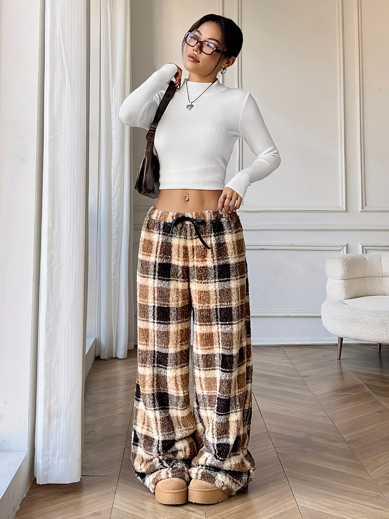 women's plush wide leg pants elastic drawstring waist Temu Mauritius