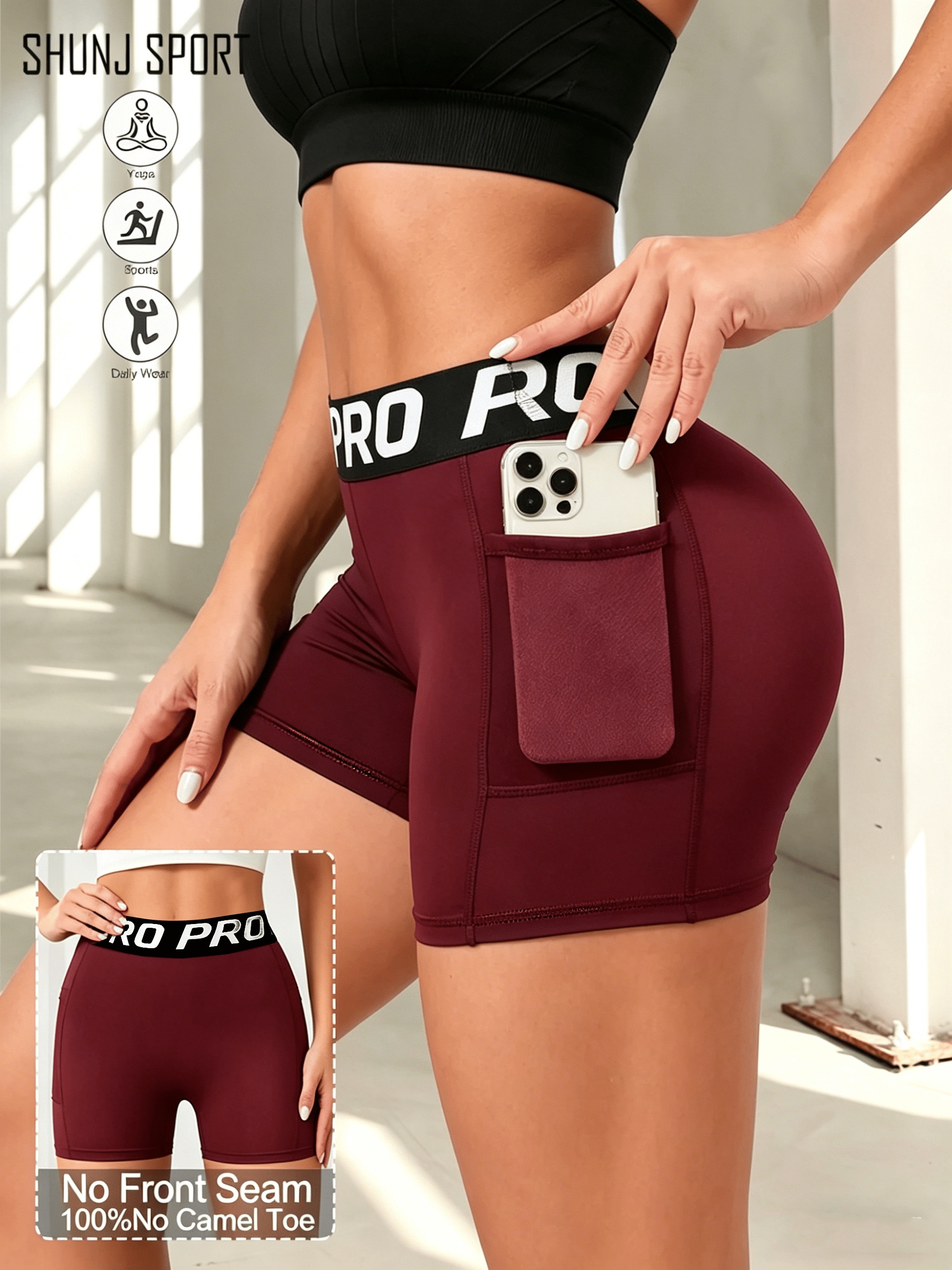 frühlings-/sommer damen activewear fitness yoga shorts, damen high waist   lift enge hosen damen pfirsich hüfte radhose, schwarze seitentasche lauf training sportshorts