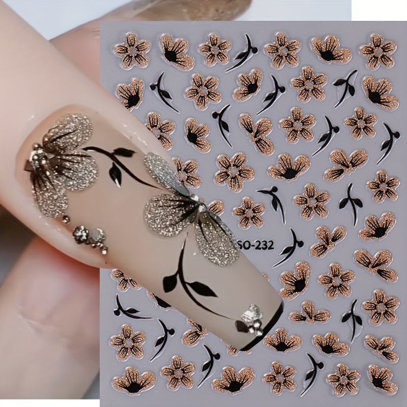 

2pcs Combination Set New - Nail Stickers New Chinese Style Hot Golden And Silvery Cherry Hibiscus Flower With Glitter 3d Nail Back Art Stickers