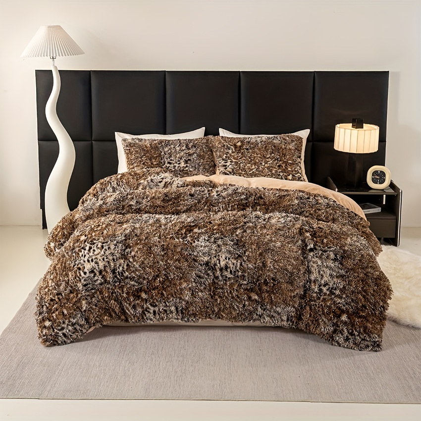 3pcss Premium Feeling Leopard Print Long Plush Duvet Cover Large Size Skin-friendly 3pcs Bedding (does Not Duvet Insert Or Pillow Inserts)