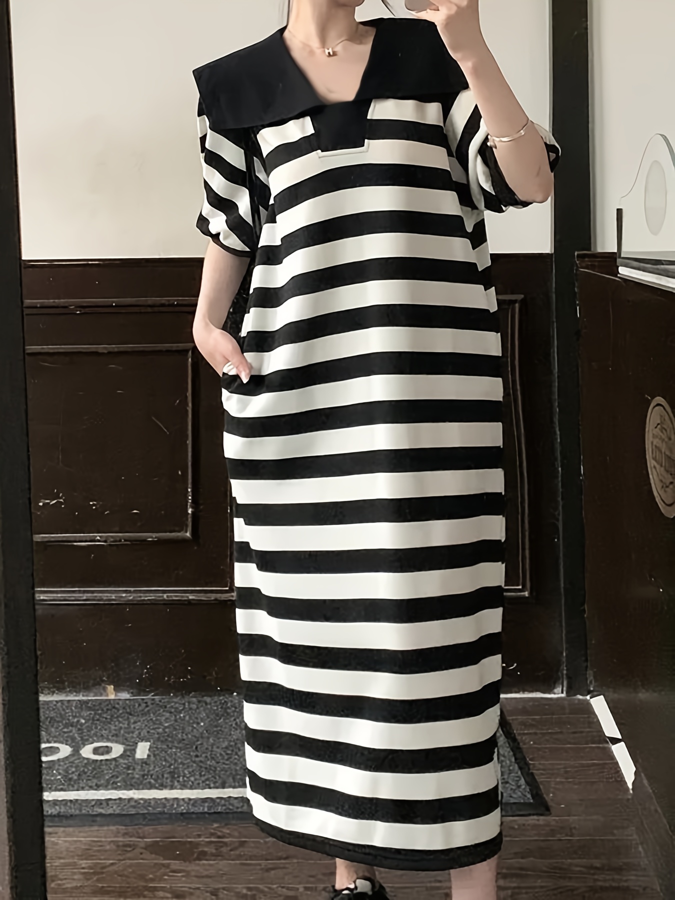chinese dress ladies LROSEY Women Summer Button Down Shirt Maxi Dresses Short Sleeve Black and White  Striped Long Dress with Pockets at Amazon Women's Clothing store