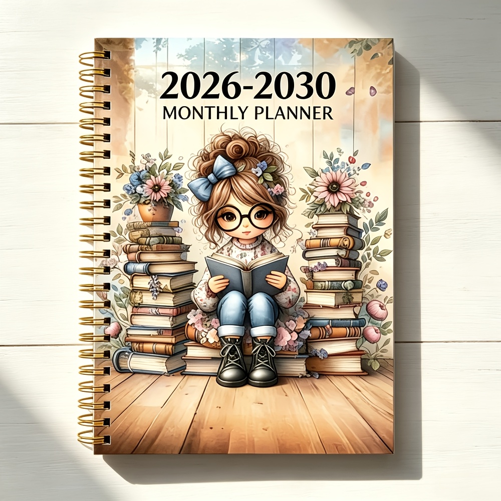 Agenda mensuel 5 ans, journal intime pour femme avec couverture sur le thème des amoureux des livres, planificateur calendrier annuel, onglets mensuels, calendrier de 60 mois, 5,5' x 8,3', 71 feuilles/142 pages en papier épaissi