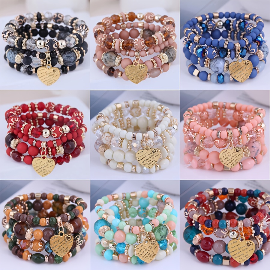 

16/24/40pcs Chic Handmade Resin Bead Bracelets With Heart Pendant, Zinc Alloy Fashion Jewelry For Girls, No Plating, Colorful Layered Beaded Bracelet Set, Perfect Valentine's Day Gift