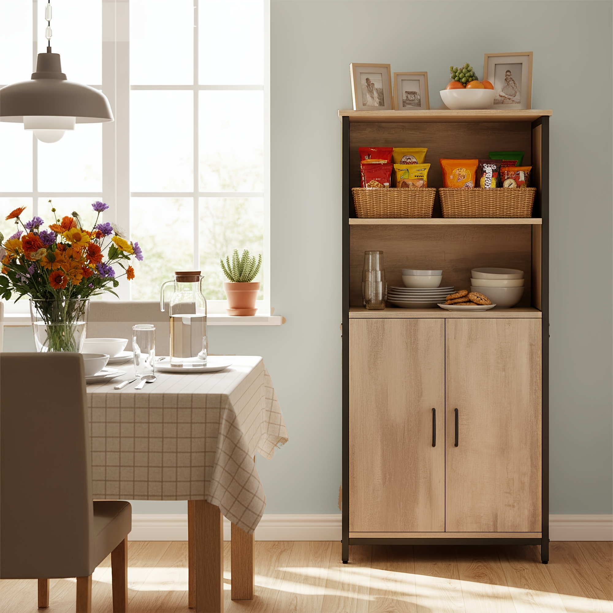Shelf With 2 Compartments, Bookshelf, With Adjustable Shelves, Kitchen Cabinet With Doors, Made Of Steel, Brown, Standing Shelf, Standing Shelf