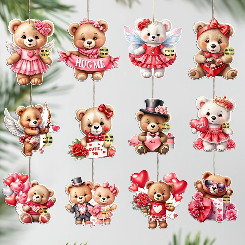 

12pcs Valentine's Day Wooden Bear Ornaments - Cute Farmhouse Wall Decor, Home & Party Decoration