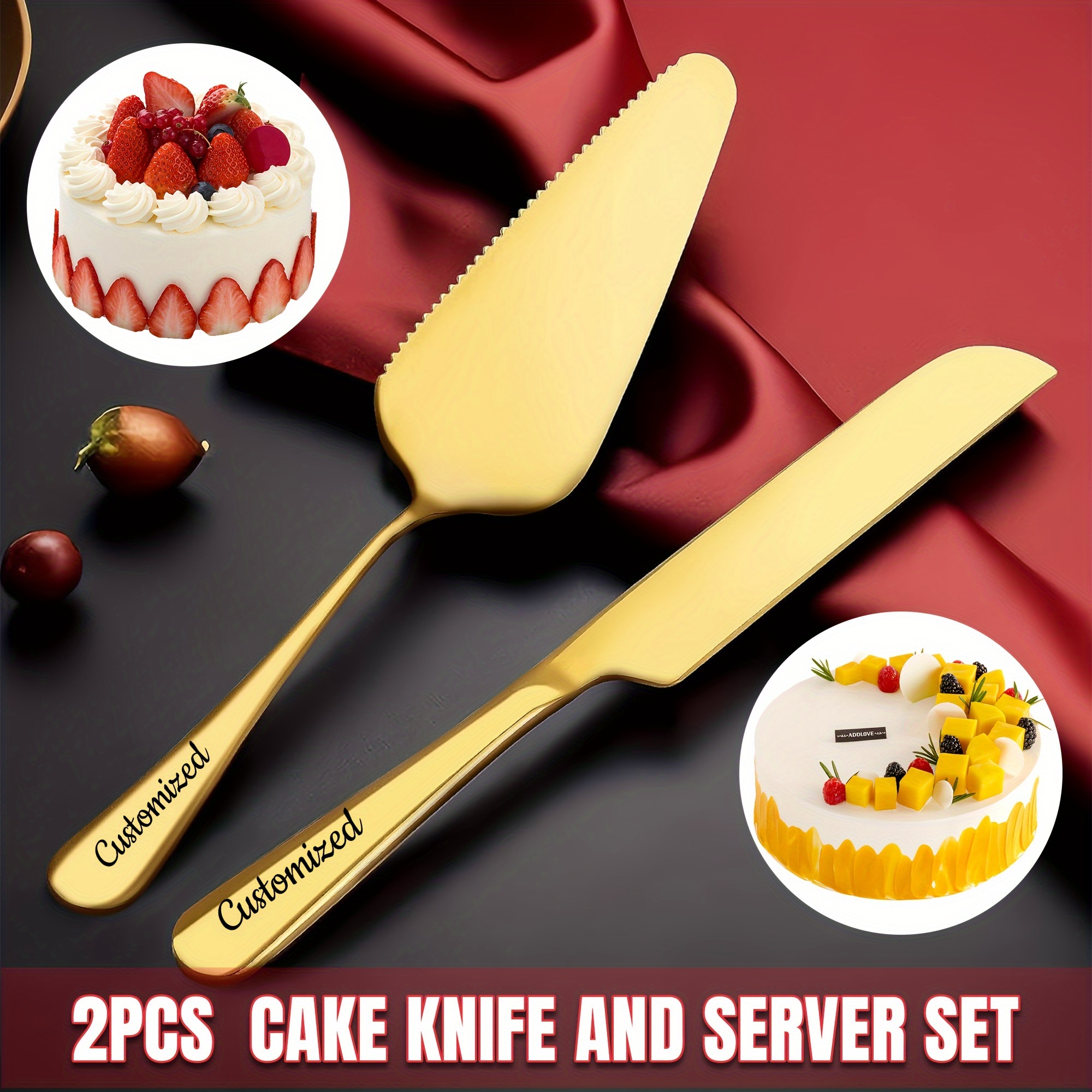 

Stainless Steel Wedding Cake Knife & Server Set - Personalized Design For Engagements, Anniversaries, Weddings, Birthdays & Holidays - 2pcs