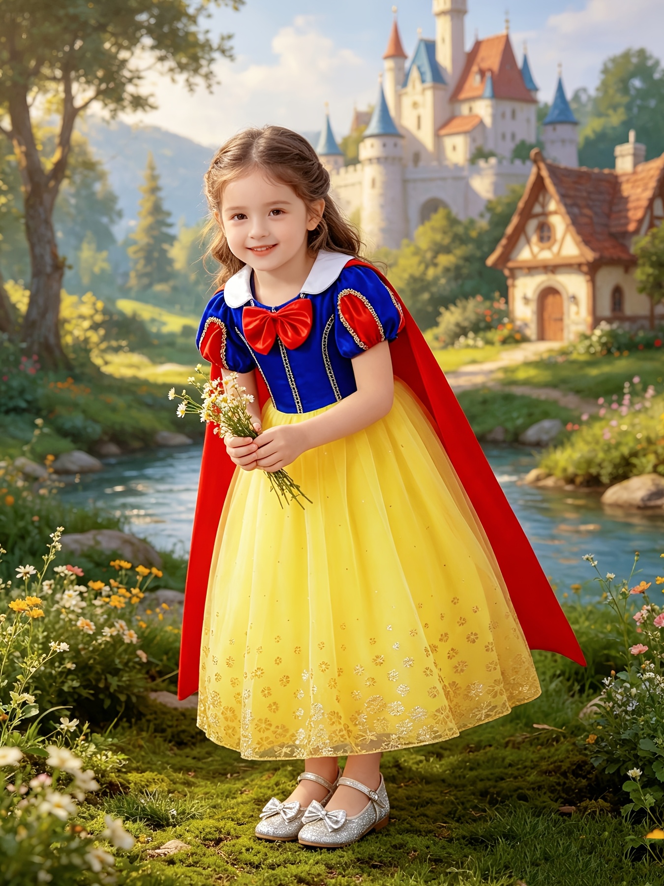 Classic Girls' Color-Block Dress with Red Cape and Accessories