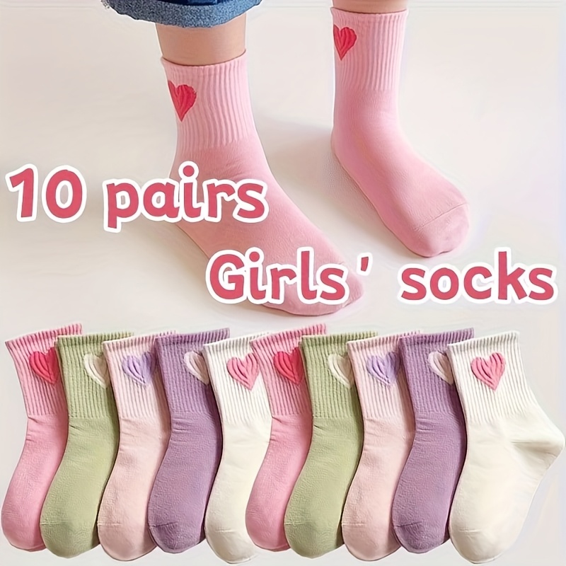 10 Pairs Of New Colorful Heart-patterned Mid-calf Socks For Girls