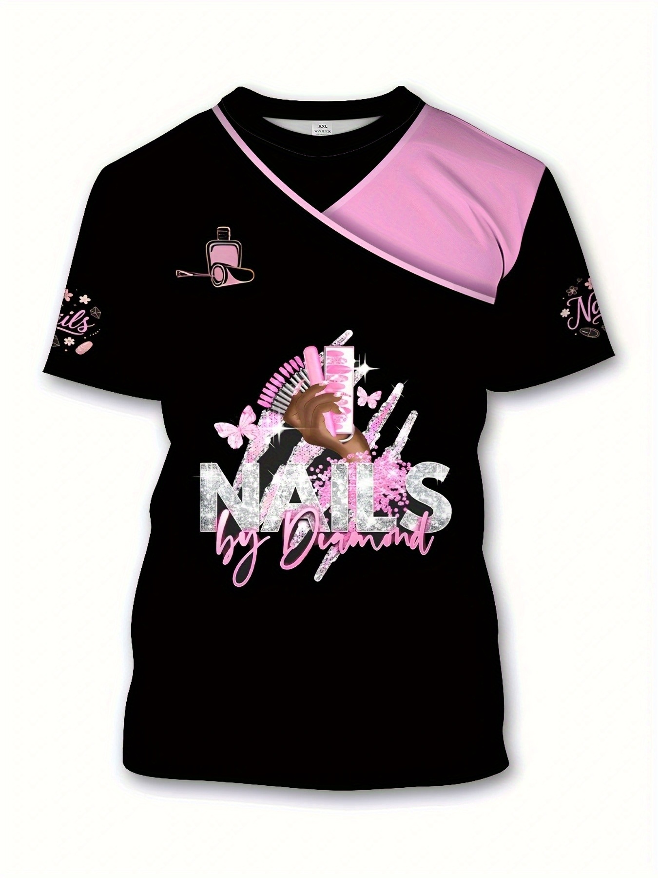 t-shirt de salon de manucure rose et noir pour femmes - manches courtes, polyester, style décontracté avec des illustrations amusantes de nail art, parfait pour les amateurs de manucure, tenue décontractée | design amusant | polyester  