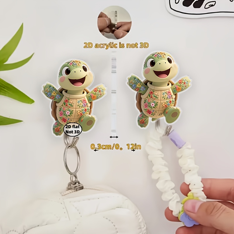 E-shop 2er-Set 2D flache selbstklebende Haken-Dekoration mit fröhlichem Schildkröten-Laufhaltemuster, geeignet zum Aufhängen von Bademänteln