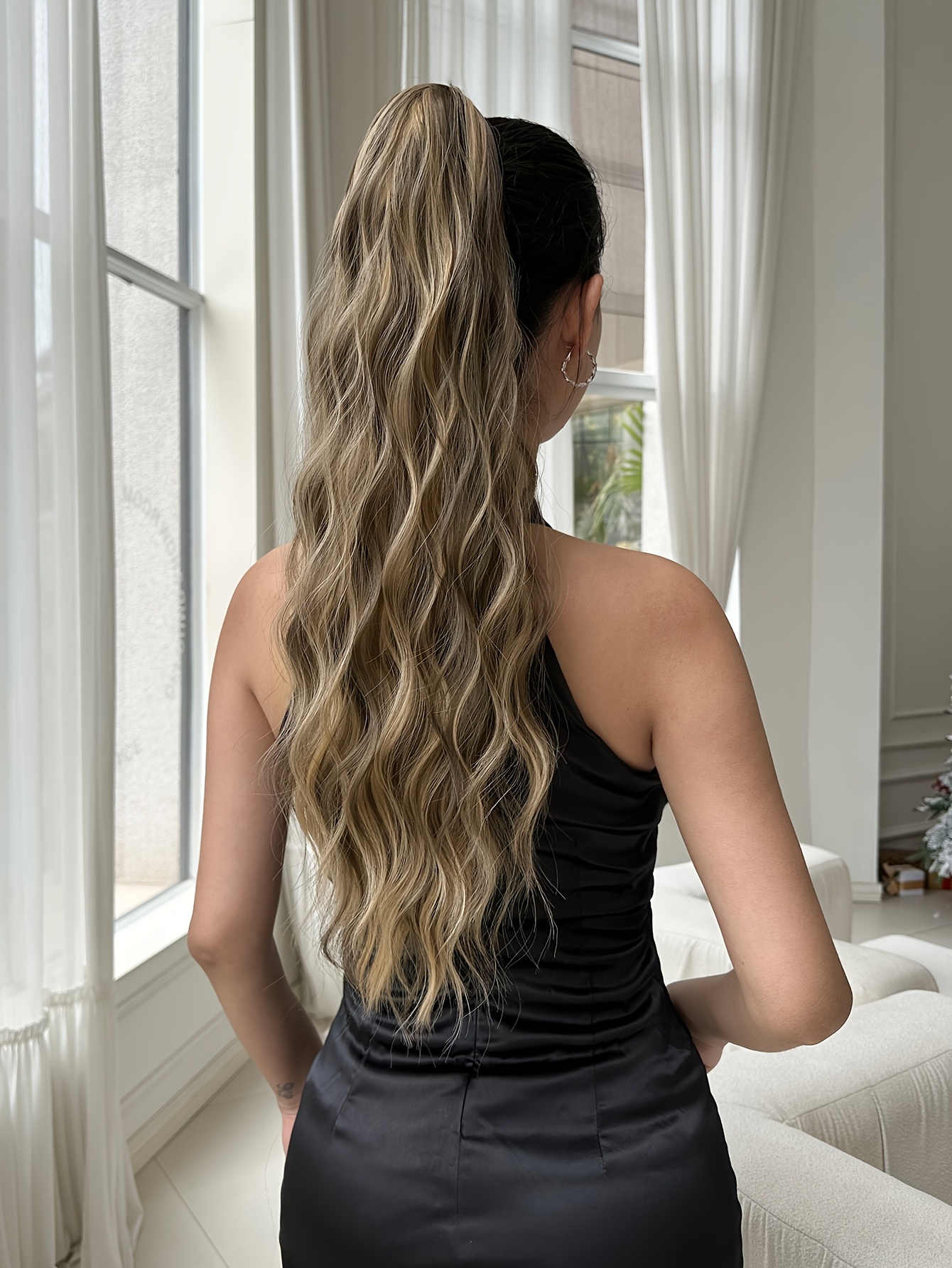 dark   claw shaped ponytail extension light brown 24 inch water wave heat resistant fiber synthetic ponytail wig suitable for short hair accessories for womens daily use details 2