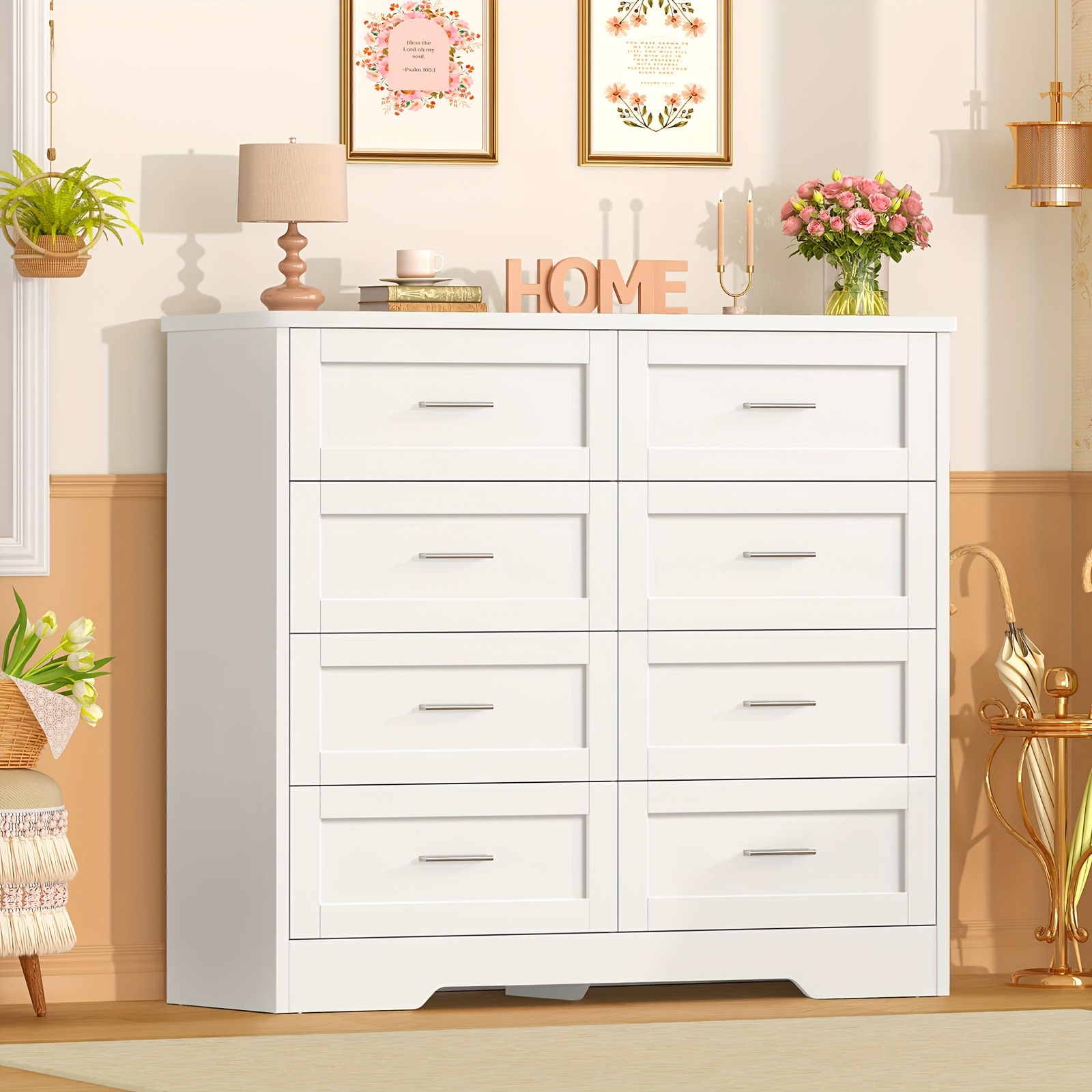Image of Usikey Large Chest Of Drawers With 8 Drawers, Bedroom Dresser, Multi-functional Storage Cabinet, Modern Chest Of Drawers For Living Rooms, Dining Rooms, And , White, 107.00 X 35.00 X 96.5 Cm