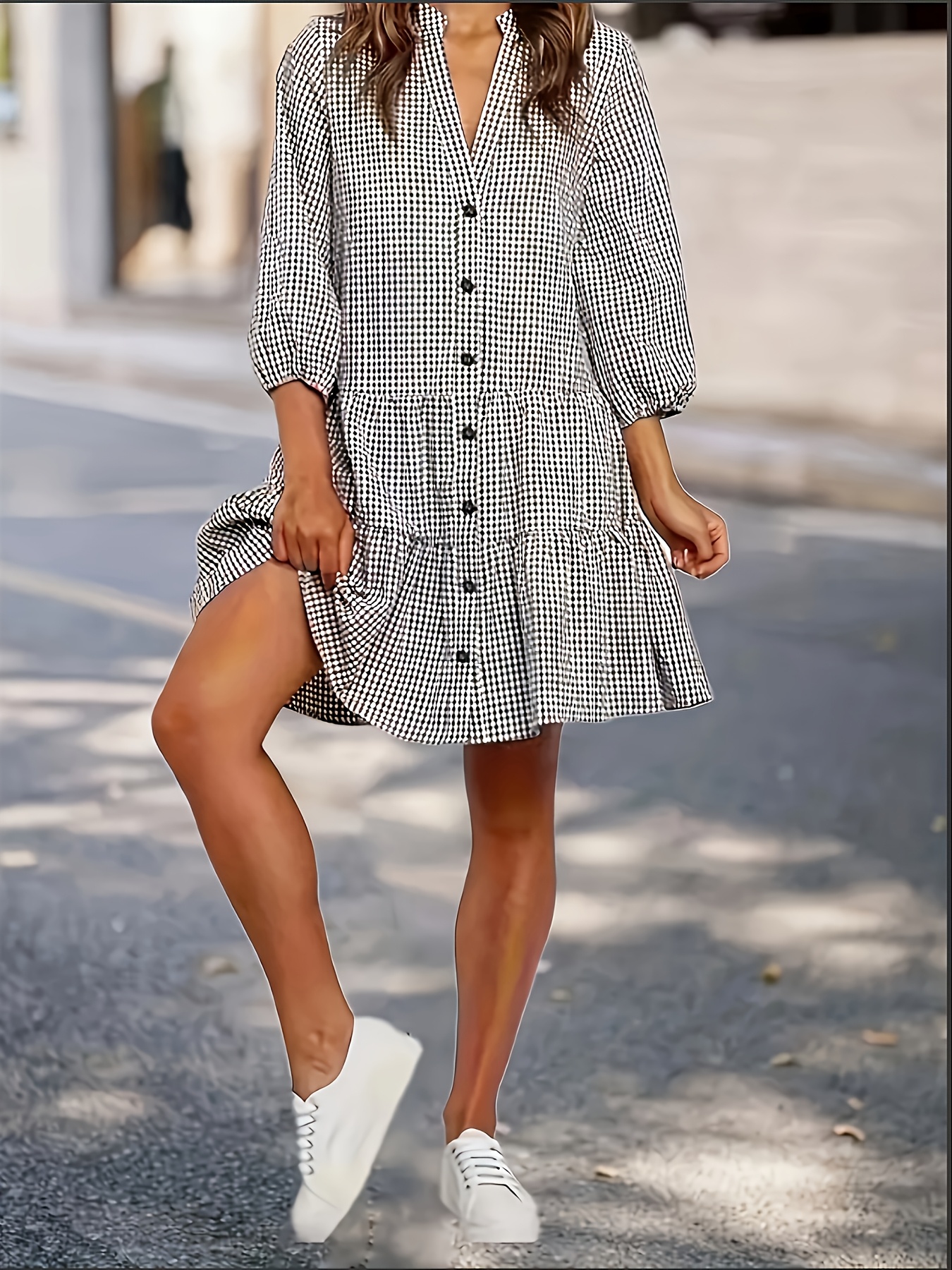 plus size womens elegant black white gingham check summer Temu