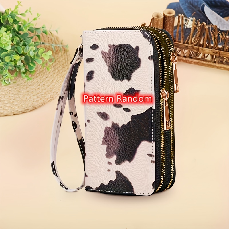 

Trend Cow Pattern Double-layer Zipper Long Wallet, Portable Multi-card Slots Card Holder With Wristbands, Perfect Purse For Daily Use