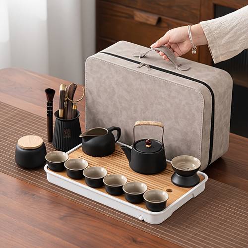 1set 13pcs ceramic fu tea set household lift kettle 6 cups tea tray tea six storage bag outdoor travel portable teapot living room office reception room complete set of tea sets