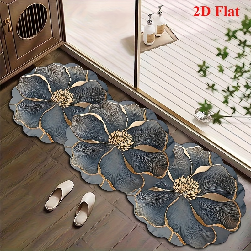 TEMU 2d Painting 1pc Irregular-shaped Gray Floral Pattern Diatomite Bathroom Anti-slip Mat, Non-slip Rubber Bottom, Durable, Absorbent, And Easy-to-