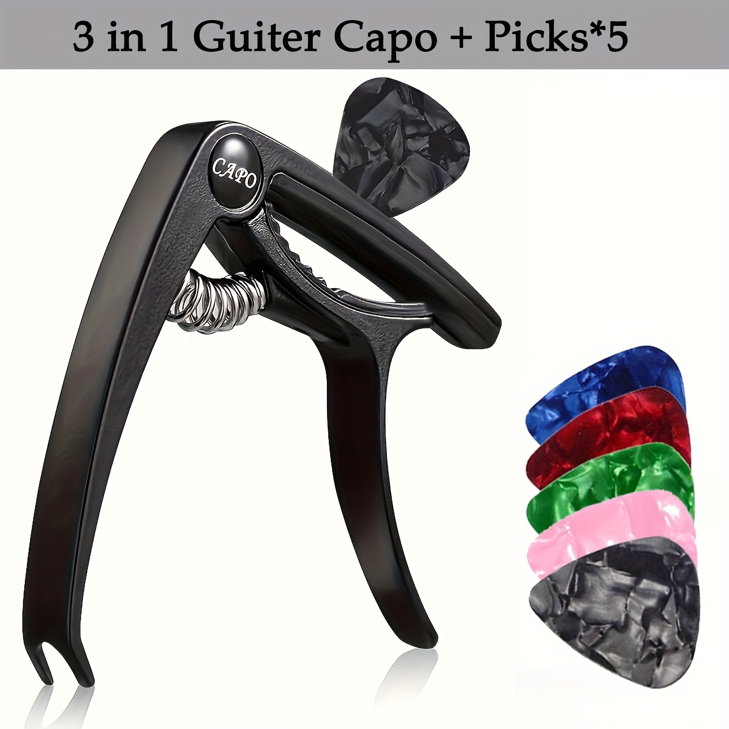Image of Guitar Capo With Guitar Picks*5, Capo For Acoustic Guitar And Electric Guitars, 3in1 Clamp With Picks Holder & Picks For Ukulele, Mandolin, Banjo