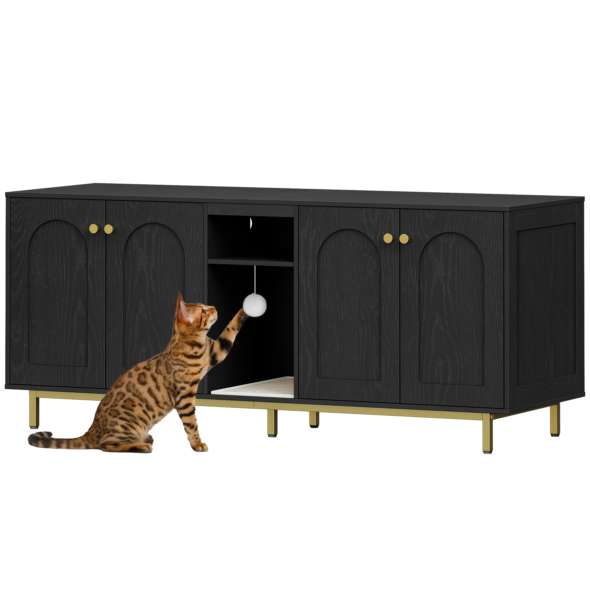 Cat Cabinet For 2 Cats, Cat Litter Box Cabinet, Hidden With Double Rooms, With Storage Space, Plush Balls, Used As A Tv Cabinet, 140 X 48 X 62cm, White And Golden/black