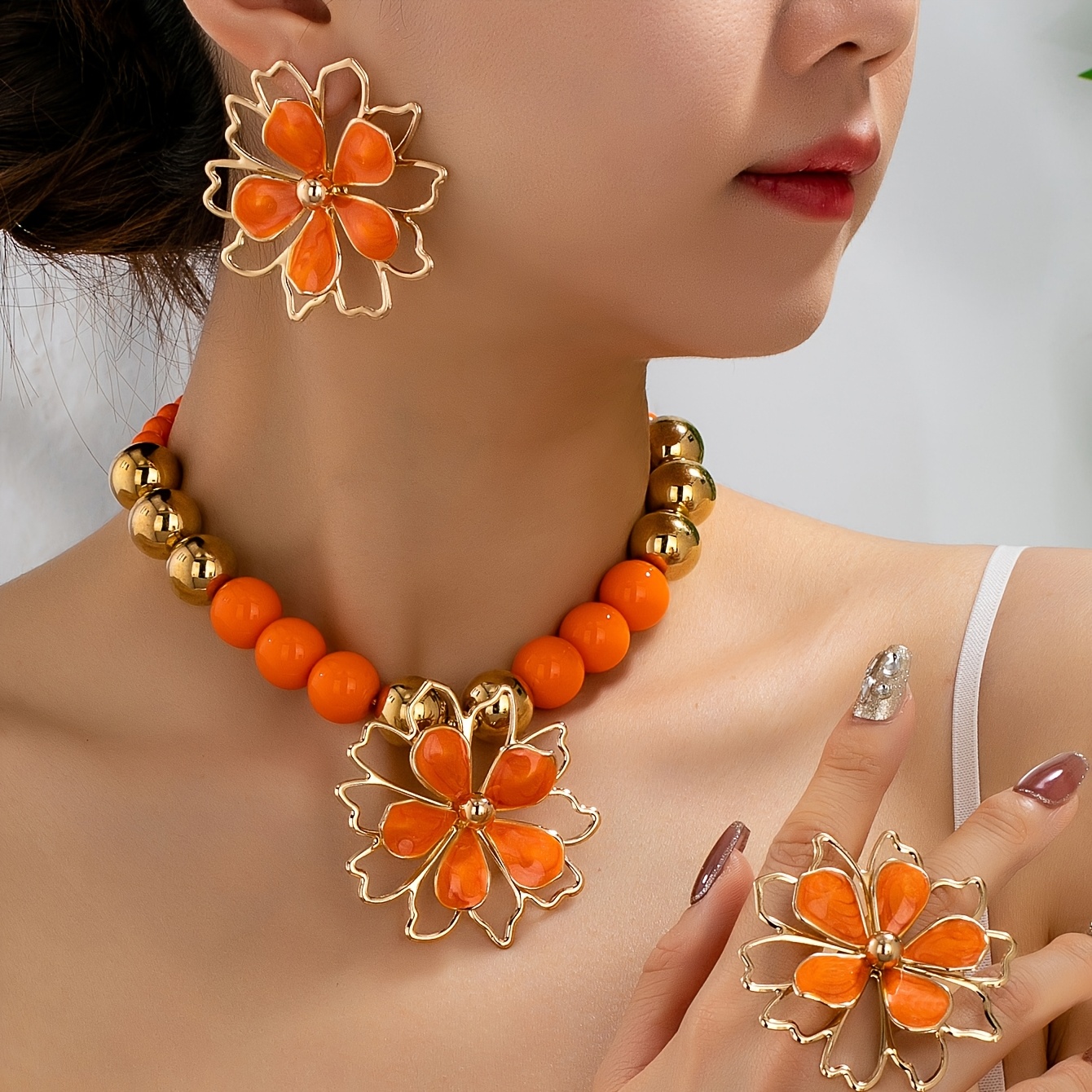 TEMU 4pcs Bohemian Style Acrylic Beaded Metal Flower Pendant Set For Women, Suitable For Daily Wear, , And Parties, Including Ring, Necklace, And