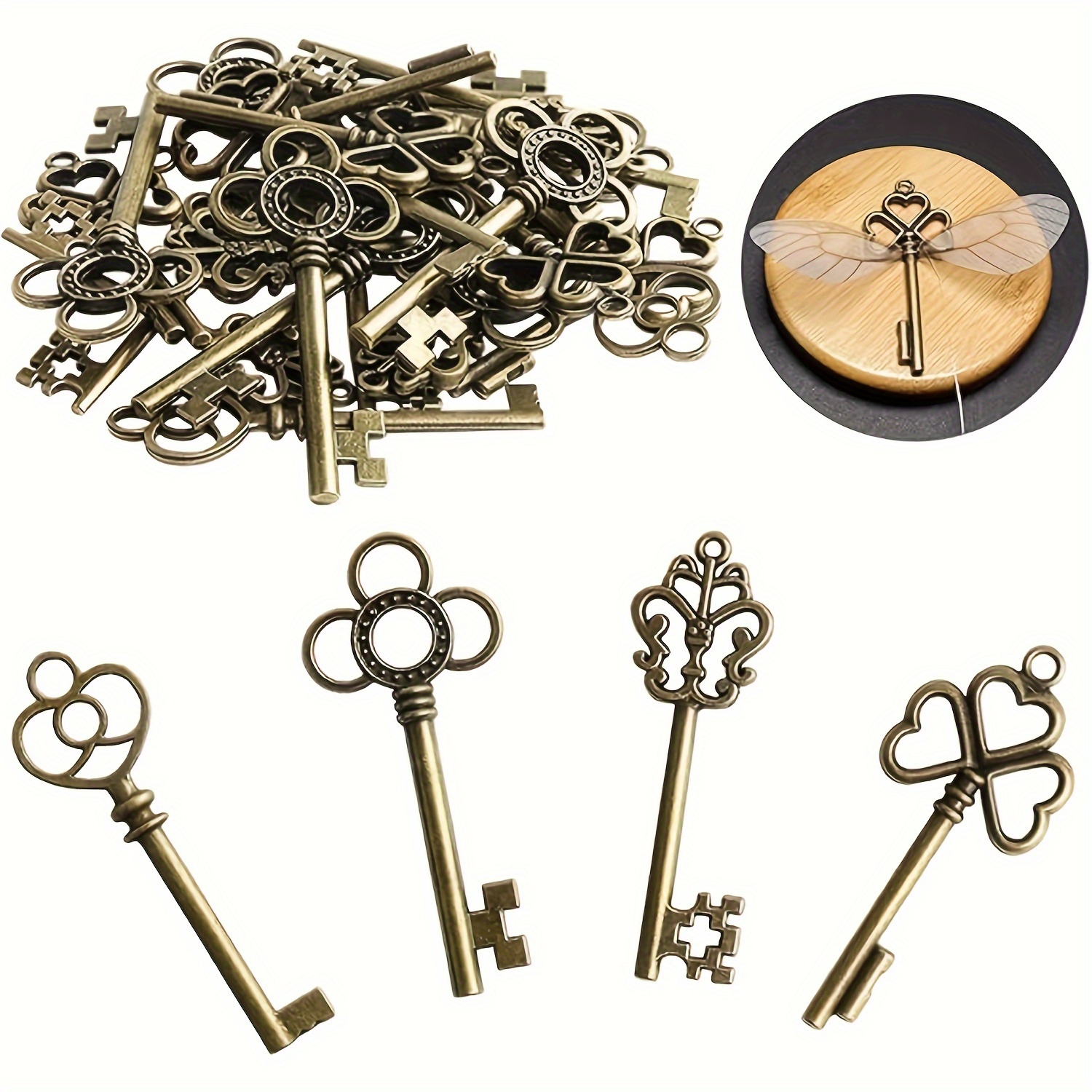 

30 Pcs Vintage Charms With Dragonfly & Elastic Rope, Keys For Diy Crafts, Jewelry Making, Wedding & Party Decorations