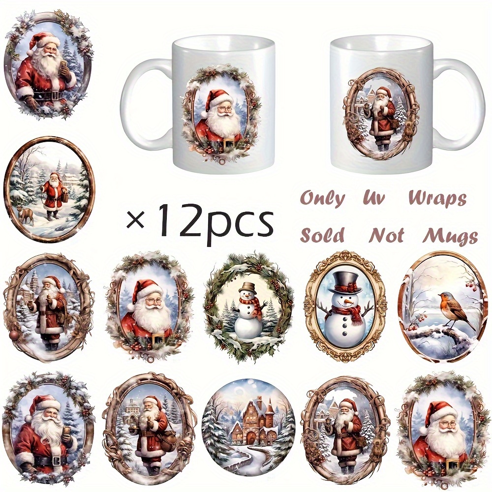 

12-pack Christmas Themed Uv Dtf Transfer Stickers, Diy Decorative Self-adhesive Wraps For Glass Jars & Coffee Mugs, Decals For Decoration