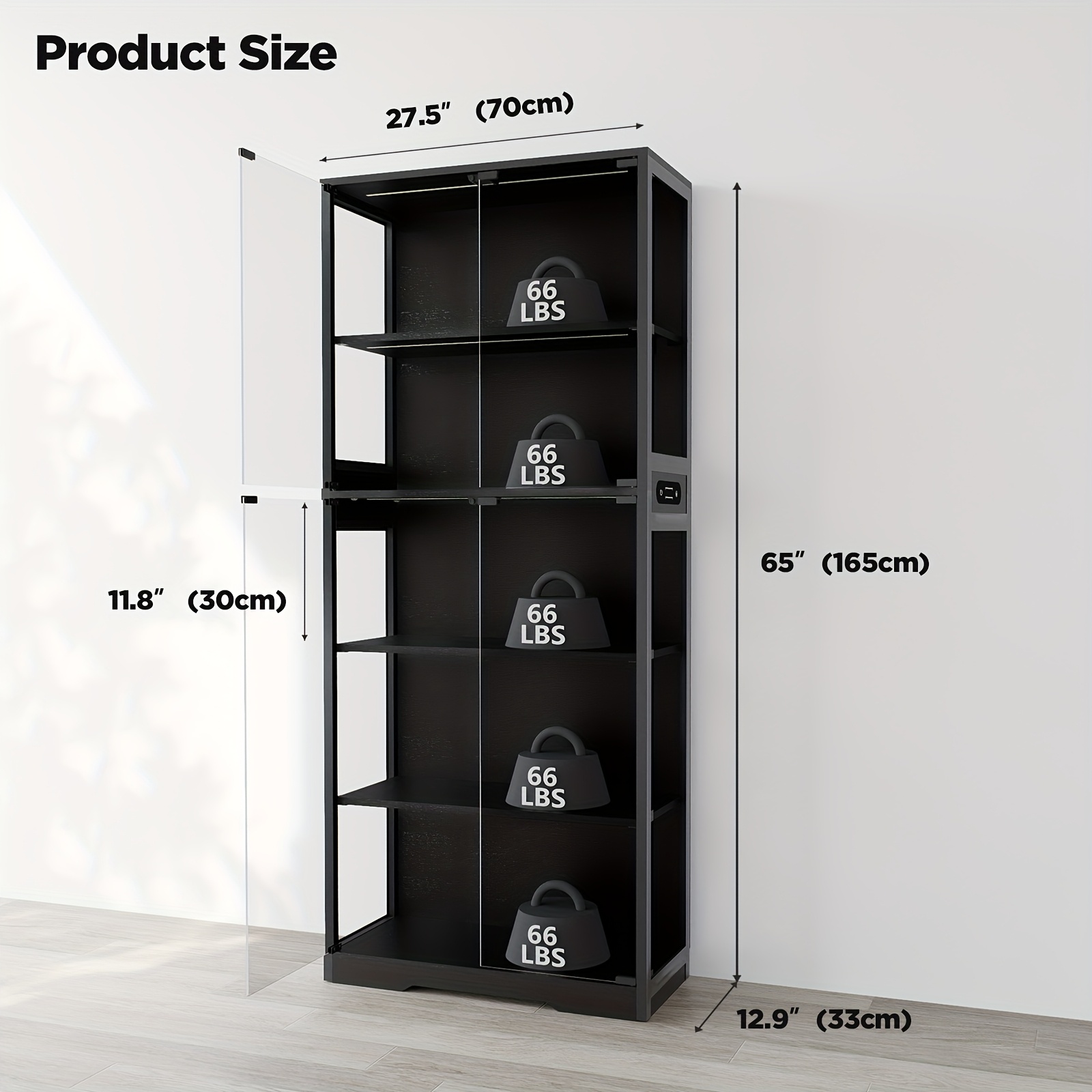 5-Tier Display Cabinet with Glass Doors, Dimming LED Lights And Motion Sensor, for Collectible Figures, Living Room, Bedroom, Or Office, Metal Frame