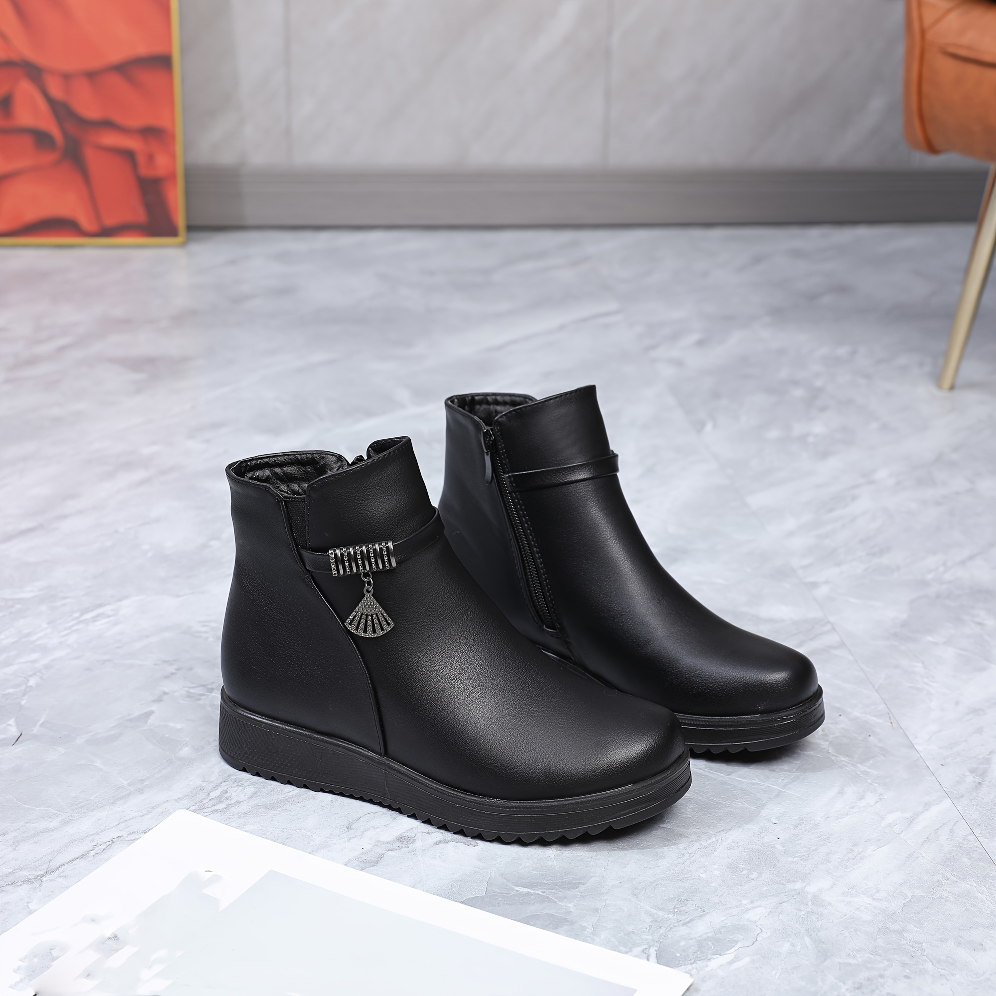 womens winter side zipper comfortable thick pu sole warm furry lined round toe casual shoes solid color synthetic cover durable grip boots   protection 4
