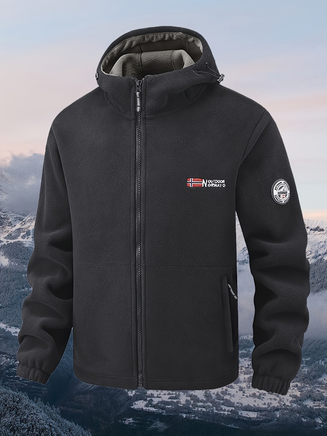 mens autumn and winter hooded fleece jacket with embroidered     workwear style multiple pockets design suitable for casual   and hiking
