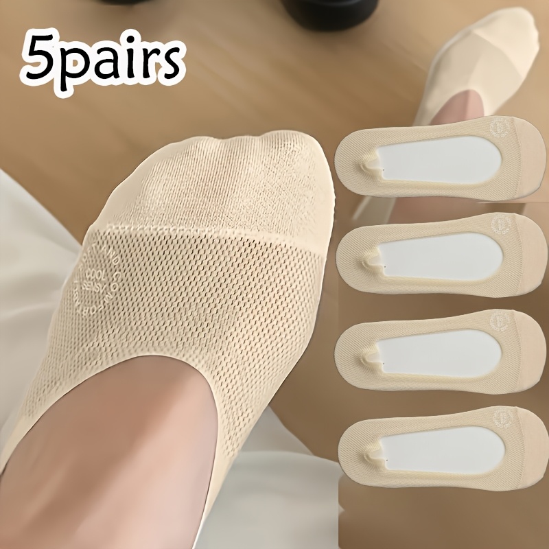 TEMU 5-pair Women's Nude-colored Socks With Non-slip Silicone Heel & Toe - Breathable Mesh Thin Sole Suitable For Casual, Office, Sneakers, Athletic