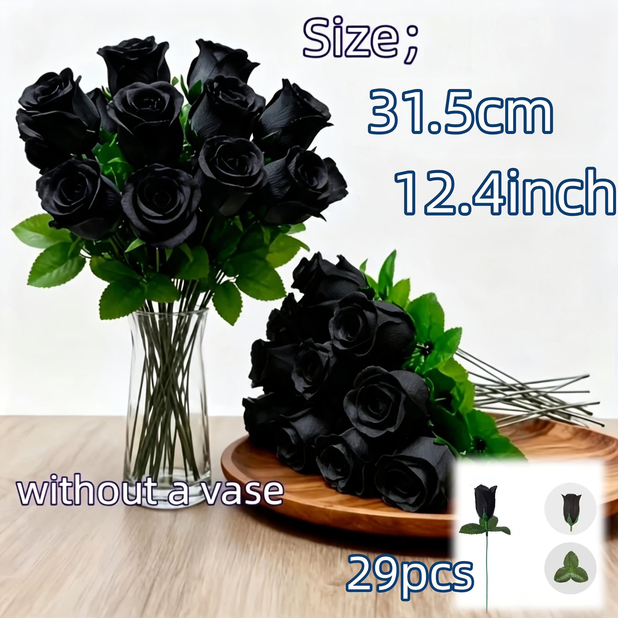TEMU 29pcs Realistic Artificial Black Rose Bouquet, High-quality Fake Black Roses, Real Touch And Uv Resistant, Maintenance-free, For Tabletop,