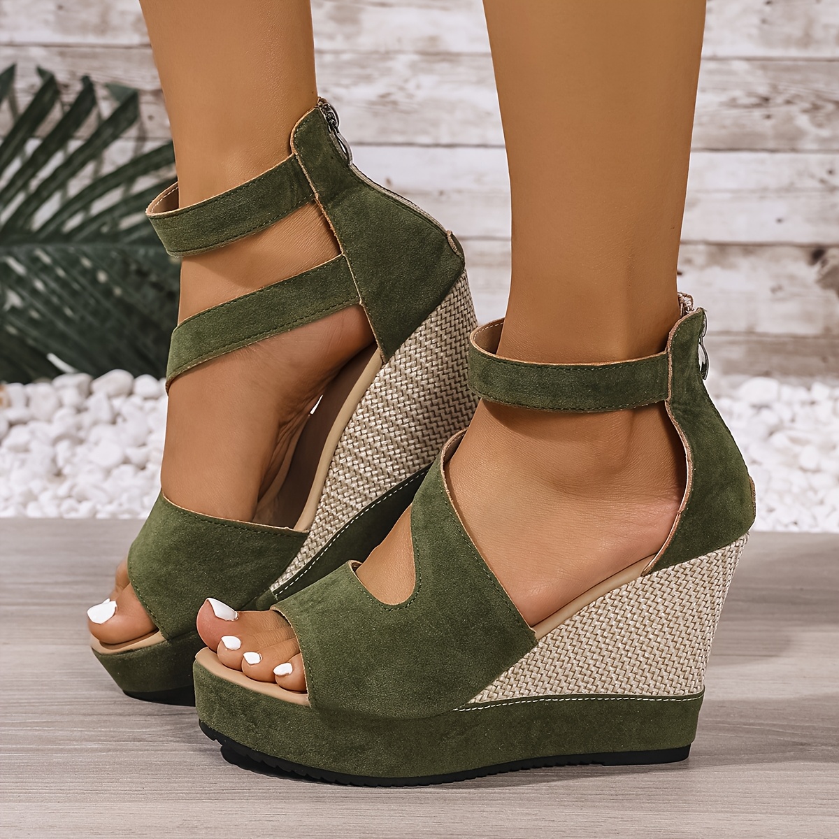 womens elegant high heel sandals with platform wedge olive green open toe zipper closure stylish strap design summer fashion fashionable footwear strappy sandals platform wedge details 7