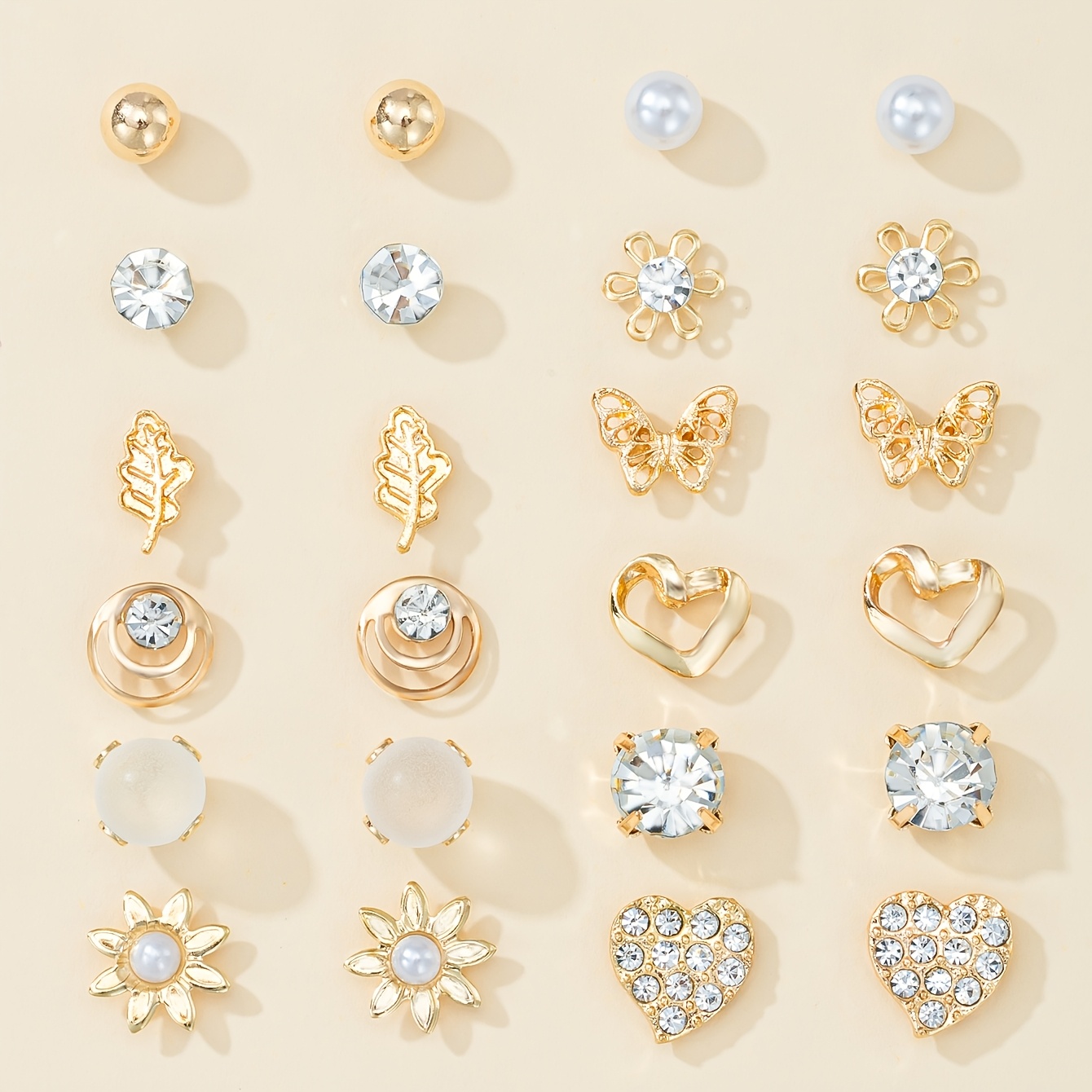 TEMU A Set Of 12 Pairs Of Fashionable And Easy Women's Ear Studs Featuring Heart-shaped Butterflies And Patterns. This Ear Jewelry Combination Is