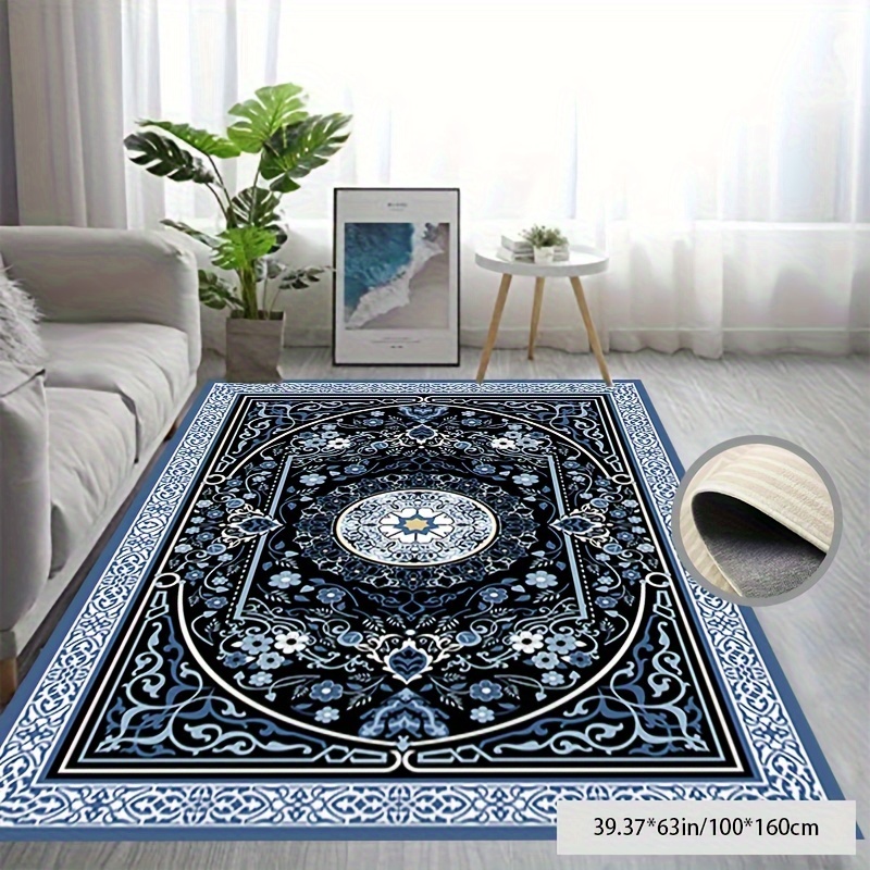 

Blue Black Printed Carpet Retro Floral Pattern Printed Carpet European Style Printed Carpet Suitable For Parlor Living Room Office Etc