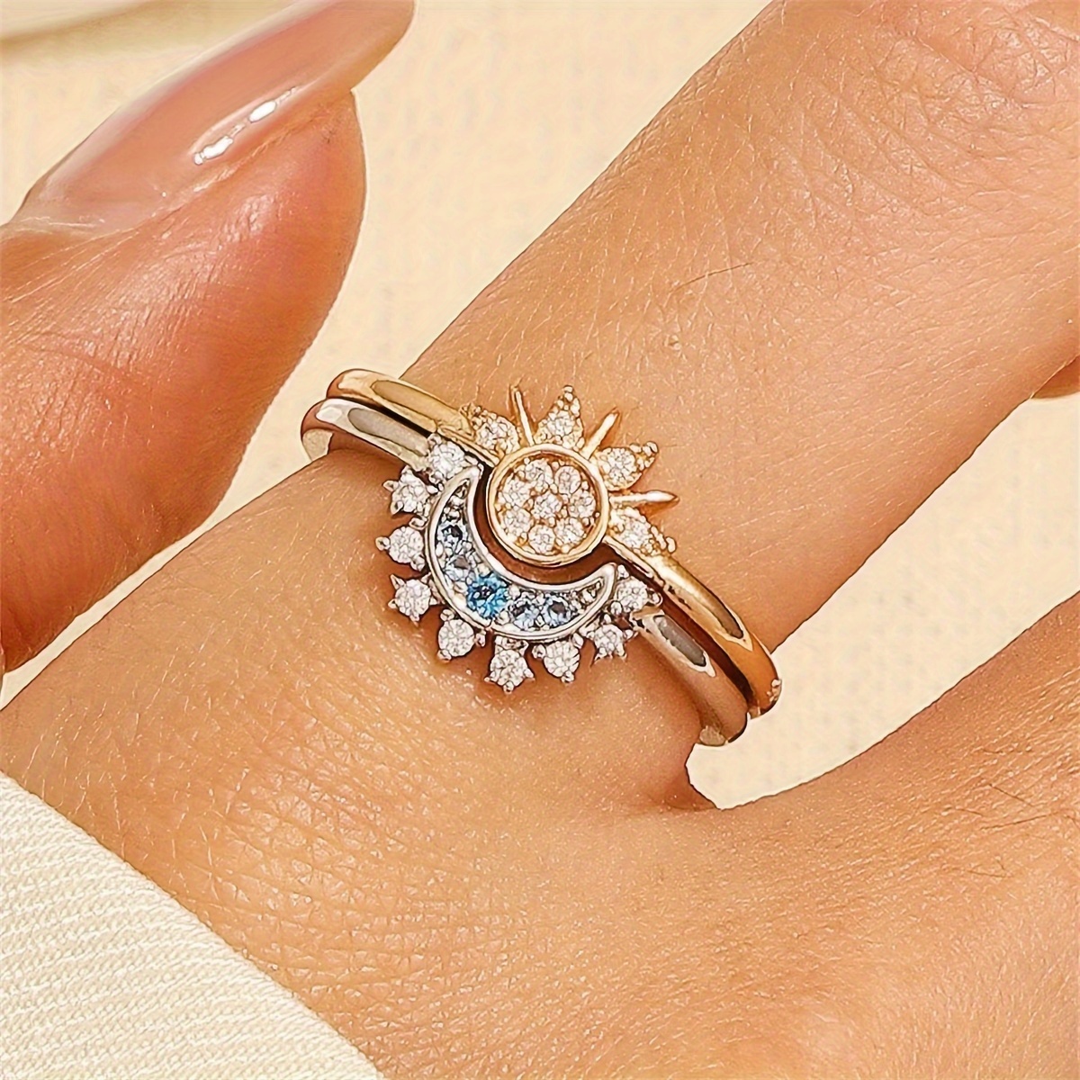 

Moon Sun Design Decor Ring With Synthetic Gems, Alloy Ring For Dating And Daily Wear