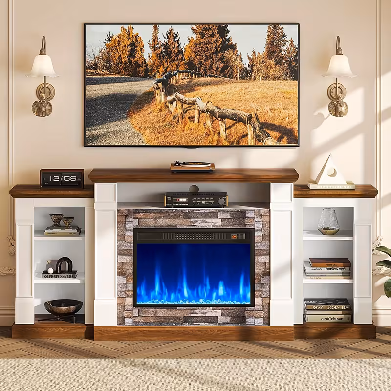 70-Inch Electric Fireplace TV Stand with Mantel - Modern Entertainment Center with Open Storage, LED Lights & Remote Control