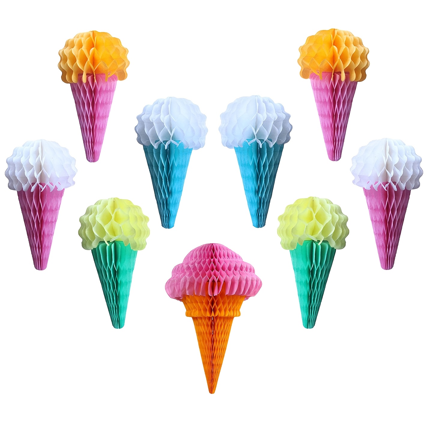 Image of 9pcs Hanging Ice Cream Honeycomb Balls, Ice Cream Tissue Paper Party Decorations, Ceiling Hanging Ornaments, Birthday Wedding Table Centerpieces, Halloween Christmas Holiday Party Gift Supplies