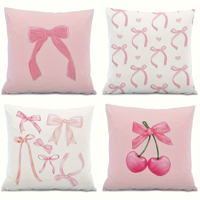 TEMU 4pcs Vintage Bow Pink Throw Pillow Covers, 18x18 Inches, Zippered Seasonal Decor For Living Room, Patio, Sofa Decorative Cushion Covers, Outdoor