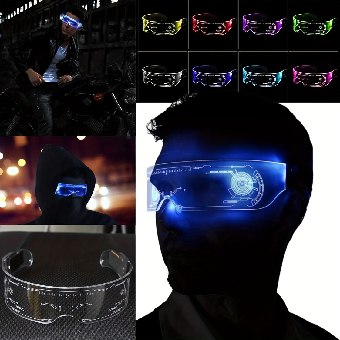 TEMU Premium Unisex Fashion Sunglasses Led Light Up Glasses, Cyberpunk Futuristic Style, 7 Color Modes With Hexagonal Lenses, -the-dark Party Goggles