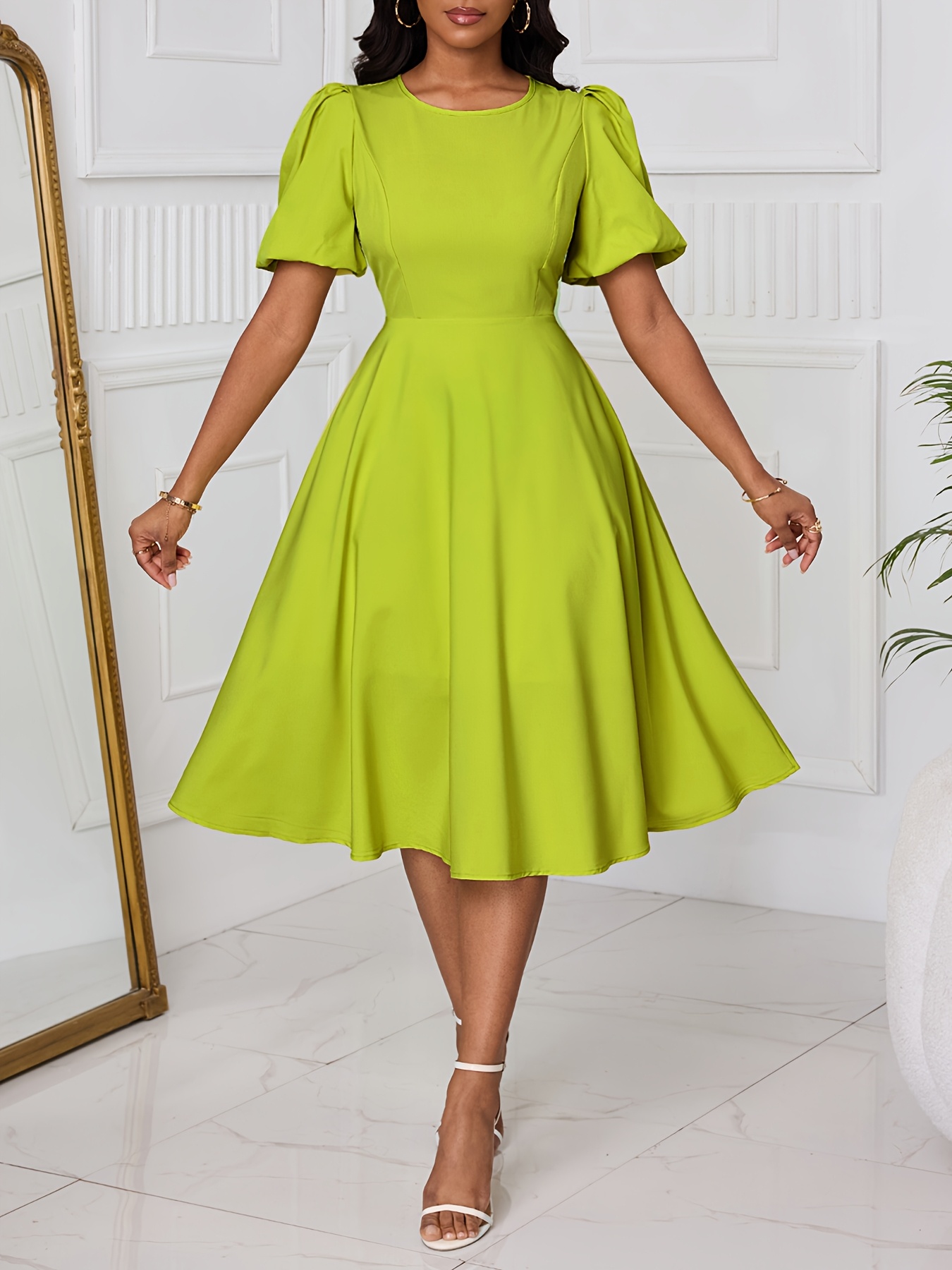 green emerald velvet dress Dark Green Print A-Line Tea Length Mother of Bride Dress main image 0